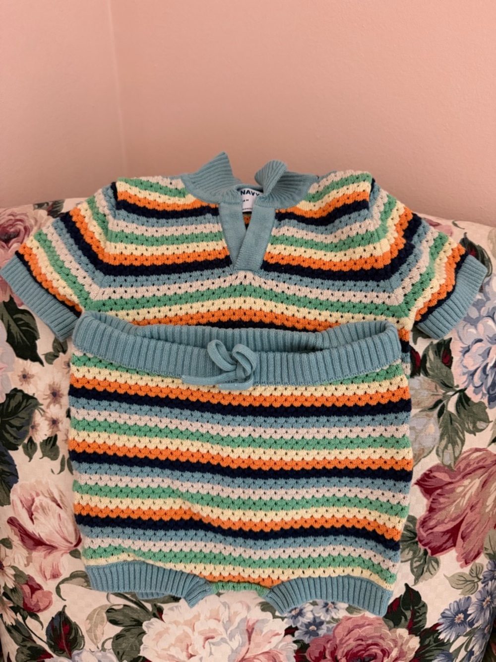 Old Navy Striped Crochet Knit Two-Piece Set in Aqua, Orange & Navy